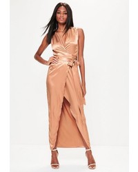 Missguided Gold Silky Sleeveless Wrap Tie Maxi Dress