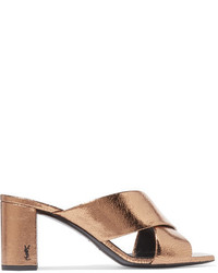 Saint Laurent Loulou Metallic Cracked Leather Mules Bronze