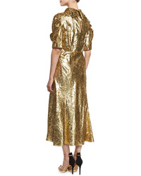 Michael Kors Michl Kors Half Sleeve Metallic Paisley Midi Dress Gold