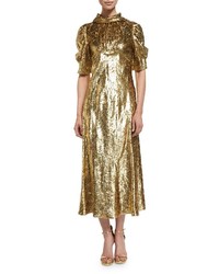 Michael Kors Michl Kors Half Sleeve Metallic Paisley Midi Dress Gold
