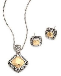 John Hardy Classic Chain Hammered 18k Yellow Gold Pendant Necklace Stud Earring Heritage Gift Box Set
