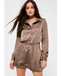 Missguided Brown Satin Shirt Playsuit