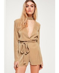 Missguided Petite Gold Pleated Choker Neck Belted Playsuit
