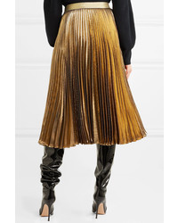 Christopher Kane Pleated Silk Blend Lam Midi Skirt Gold