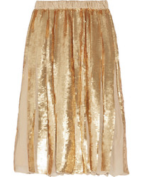 Tibi Clair Pleated Sequined Silk Georgette Skirt Gold