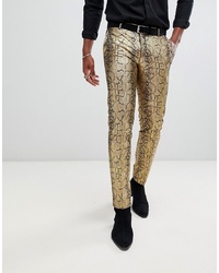 Twisted Tailor Skinny Fit Trouser In Gold Faux Snake Skin