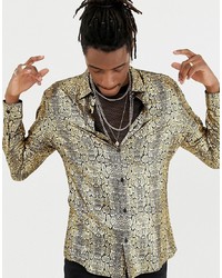 Jaded London Long Sleeve Shirt In Gold Cocodile Print Foil Shirt