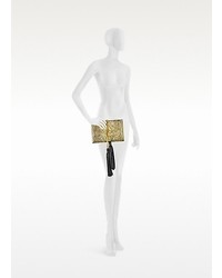 Roberto Cavalli Lion Gold And Black Quilted Metallic Python Small Clutch