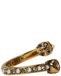 Alexander McQueen Gold Crystal And Pearl Twin Skull Ring