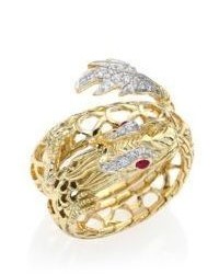 John Hardy Legends Naga Diamond Ruby 18k Yellow Gold Coil Ring