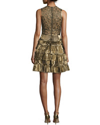 Elie Saab Sleeveless Metallic Star Lace Ruffled Dress Gold