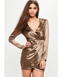 Missguided Bronze Satin Long Sleeve Wrap Dress