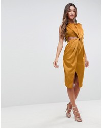 ASOS DESIGN Asos Twist Front Sexy Satin Pencil Dress With Cut Out