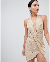 Flounce London Sequin Mini Dress With Twist Front In Gold