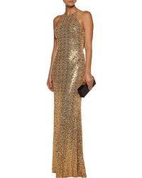 Badgley Mischka Draped Sequined Tulle Gown