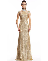Johnathan Kayne Chocker Neckline Sequin Gown In Gold