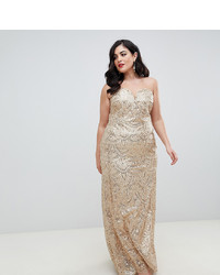 TFNC Plus Patterned Sequin Bandeau Maxi Dress In Gold