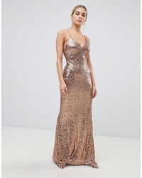 Outrageous Fortune Sequin Cross Strap Back Maxi Dress In Gold