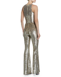 Michael Kors Michl Kors Collection Sequined Mesh Bell Bottom Jumpsuit Gold