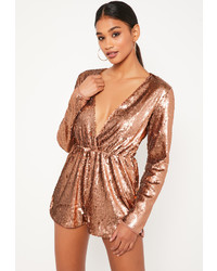 Missguided Rose Gold Sequin Wrap Long Sleeve Playsuit