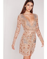 Missguided Premium Long Sleeve Sequin Embellished Wrap Mini Dress Gold