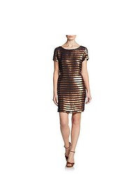 French Connection Sequin Striped Shift Dress Bronze Navy