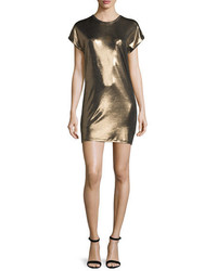 Halston Heritage Short Sleeve Foil Jersey Mini Dress Bronze