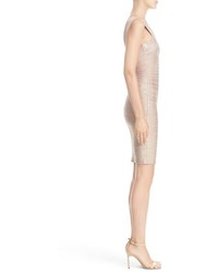 Herve Leger Stella Crisscross Front Woodgrain Metallic Foil Bandage Dress