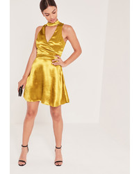 Missguided Silky High Neck Cut Out Skater Dress Gold