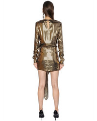 Saint Laurent Asymmetric Draped Silk Lame Dress