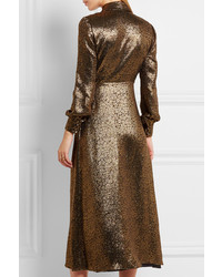 Saint Laurent Silk Blend Lam Midi Dress Gold