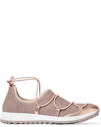 Jimmy Choo Andrea Metallic Leather Trimmed Mesh Slip On Sneakers Gold