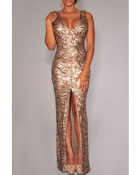 Gold Slit Sequin Evening Dress