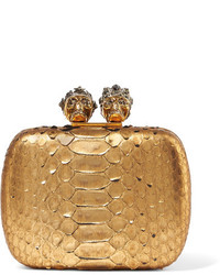 Alexander McQueen Crystal Embellished Metallic Python Clutch Gold