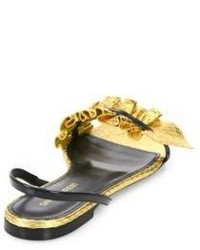 Saint Laurent Edie Metallic Snakeskin Patent Leather Flat Slingback Sandals