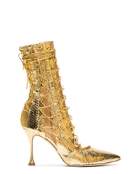 Gold Snake Leather Lace-up Ankle Boots