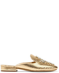 MICHAEL Michael Kors Michl Michl Kors Edie Embellished Metallic Snake Effect Leather Slippers Gold