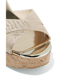 Jimmy Choo Prima 70 Metallic Snake Effect Suede And Cork Wedge Sandals Gold