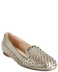 Prada Metallic Gold Leather Silver Studded Slip On Loafers