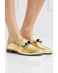 Fendi Studded Metallic Textured Leather Loafers Gold