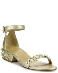 Stuart Weitzman All Pearls Studded Metallic Leather Ankle Strap Sandals