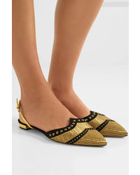 Aquazzura Marrakech Studded Embroidered Suede Point Toe Flats Gold