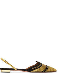 Aquazzura Marrakech Studded Embroidered Suede Point Toe Flats Gold