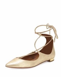 Aquazzura Christy Lace Up Pointed Toe Flat Light Gold