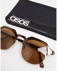 Asos Brand Hexagon Retro Sunglasses In Brushed Gold