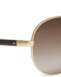 Bottega Veneta Aviator Style Leather Trimmed Gold Tone Sunglasses