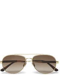 Bottega Veneta Aviator Style Leather Trimmed Gold Tone Sunglasses