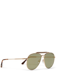 Tom Ford Erin Aviator Style Leather Trimmed Gold Tone Mirrored Sunglasses