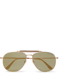 Tom Ford Erin Aviator Style Leather Trimmed Gold Tone Mirrored Sunglasses