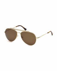 Tom Ford Metal Doubled Brow Aviator Sunglasses Gold